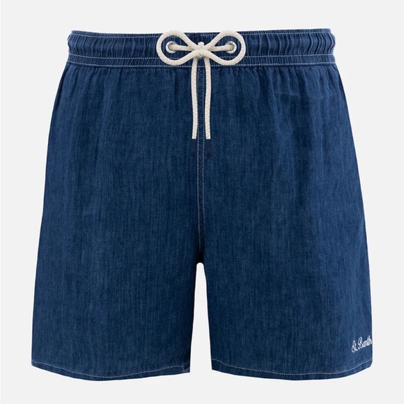 MC2 Saint Barth Mid Length Denim Blue Linen Swim Shorts - Picture 1 of 2